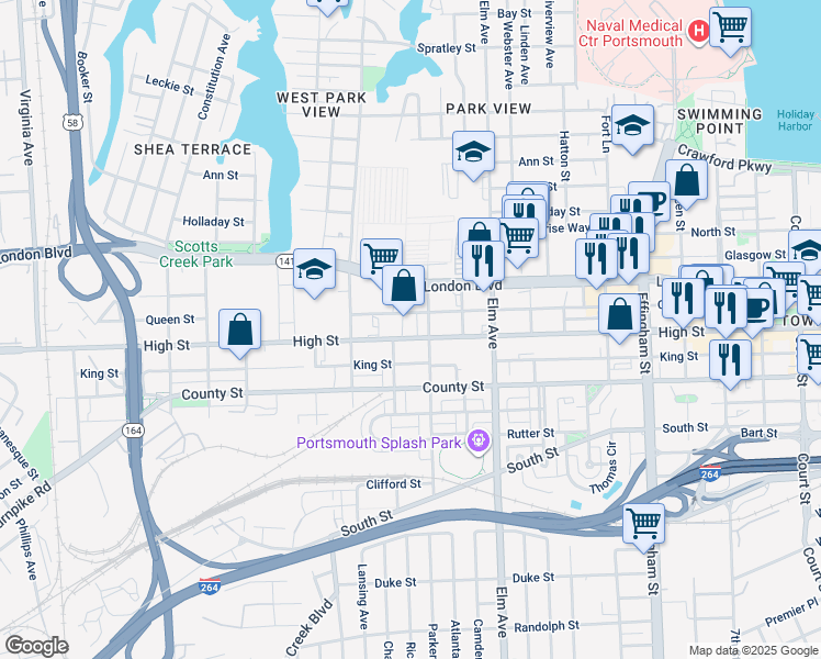 map of restaurants, bars, coffee shops, grocery stores, and more near 1415 Queen Street in Portsmouth
