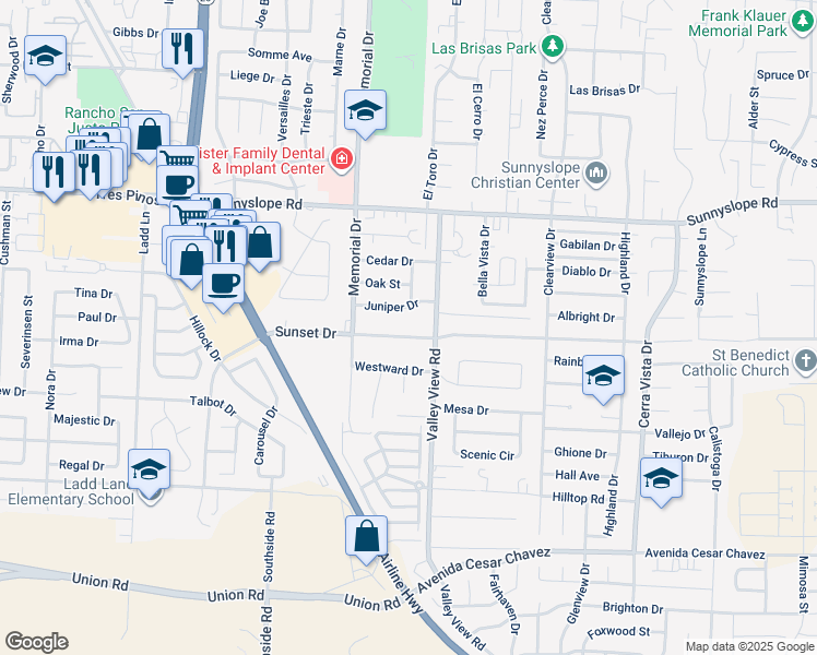 map of restaurants, bars, coffee shops, grocery stores, and more near 1060 Sunset Drive in Hollister