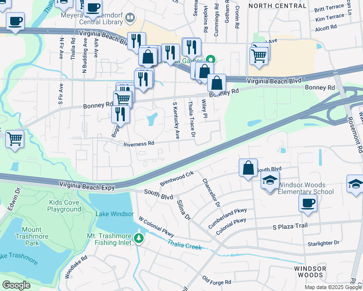 map of restaurants, bars, coffee shops, grocery stores, and more near 164 South Kentucky Avenue in Virginia Beach