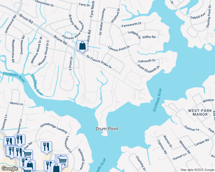 map of restaurants, bars, coffee shops, grocery stores, and more near 3887 Bruce Road in Chesapeake