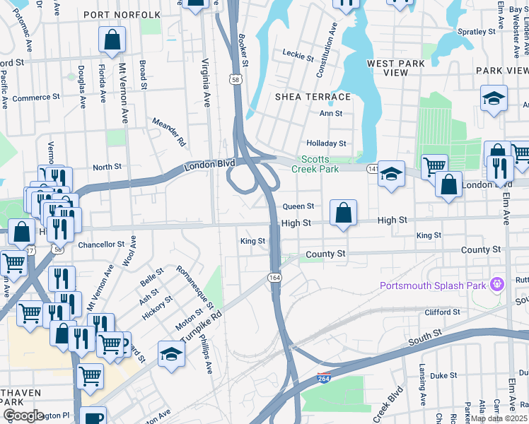 map of restaurants, bars, coffee shops, grocery stores, and more near 2213 Queen Street in Portsmouth