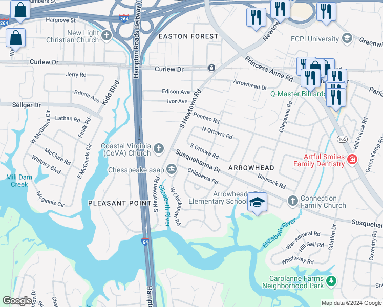 map of restaurants, bars, coffee shops, grocery stores, and more near 5816 Susquehanna Drive in Virginia Beach