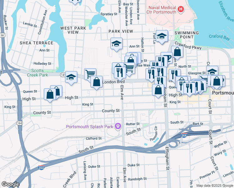 map of restaurants, bars, coffee shops, grocery stores, and more near 601 Armstrong Street in Portsmouth