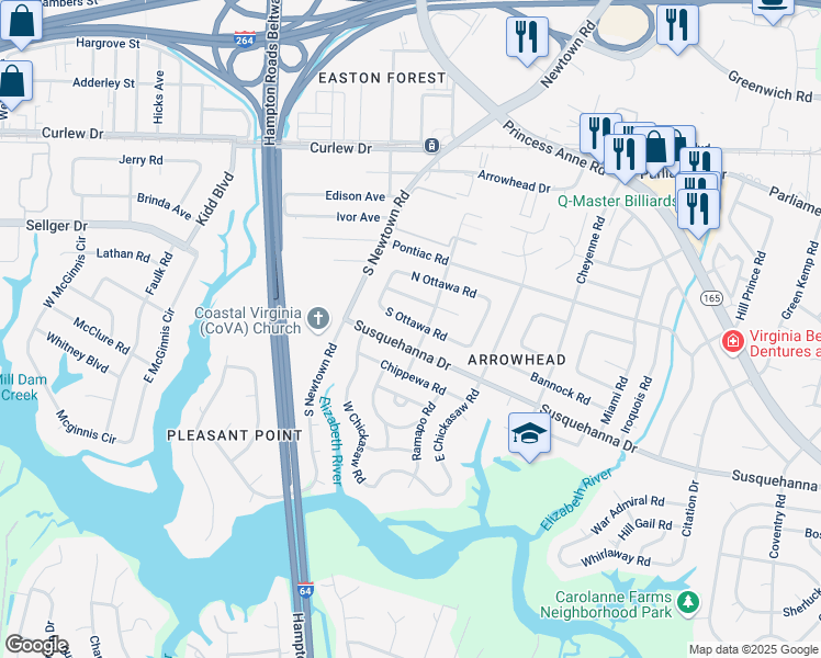 map of restaurants, bars, coffee shops, grocery stores, and more near 5805 South Ottawa Road in Virginia Beach