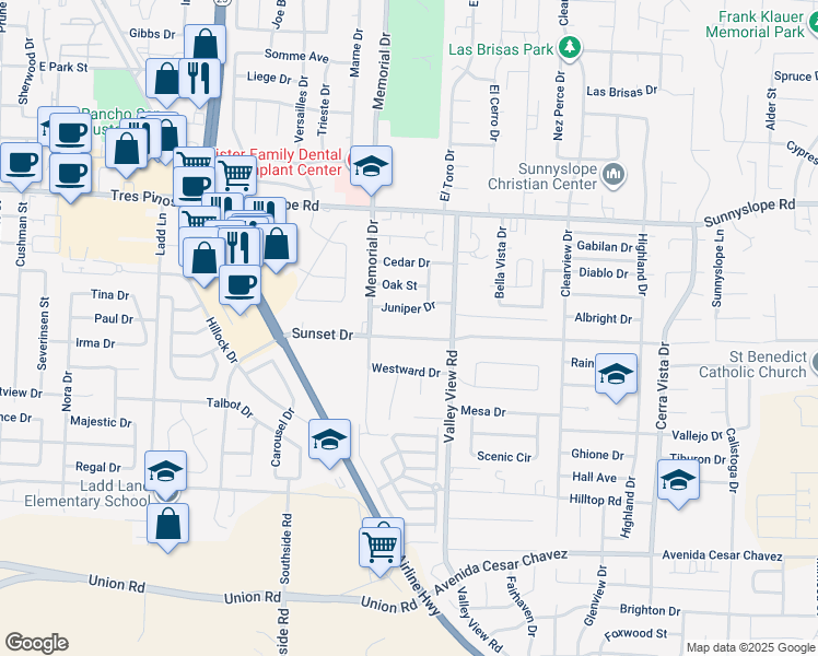 map of restaurants, bars, coffee shops, grocery stores, and more near 1060 Sunset Drive in Hollister