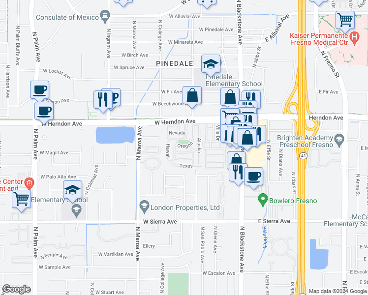 map of restaurants, bars, coffee shops, grocery stores, and more near 71 Georgia in Fresno