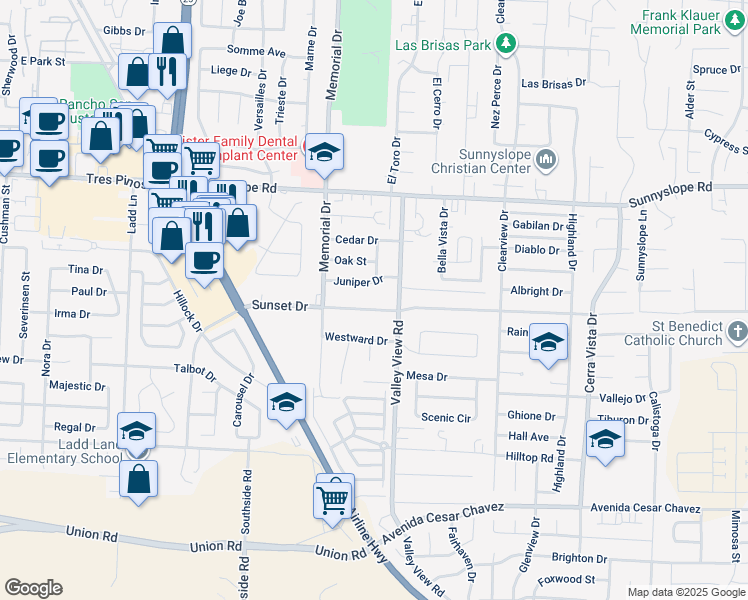 map of restaurants, bars, coffee shops, grocery stores, and more near 1060 Sunset Drive in Hollister