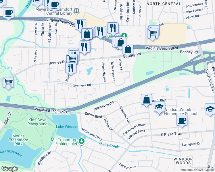 map of restaurants, bars, coffee shops, grocery stores, and more near 164 South Kentucky Avenue in Virginia Beach