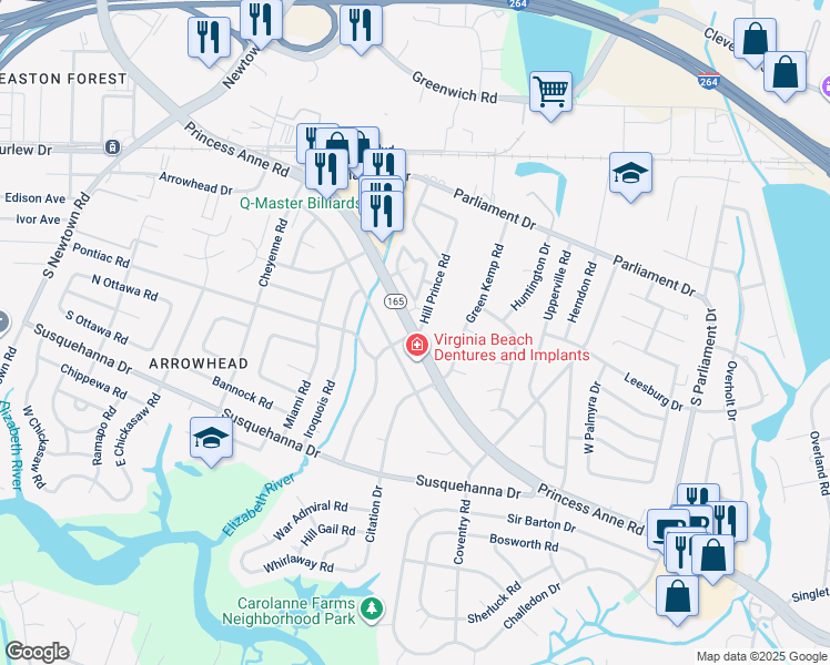 map of restaurants, bars, coffee shops, grocery stores, and more near 5533 Princess Anne Road in Virginia Beach