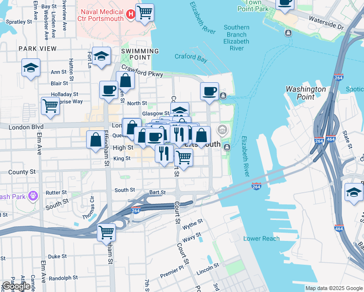 map of restaurants, bars, coffee shops, grocery stores, and more near 340 High Street in Portsmouth