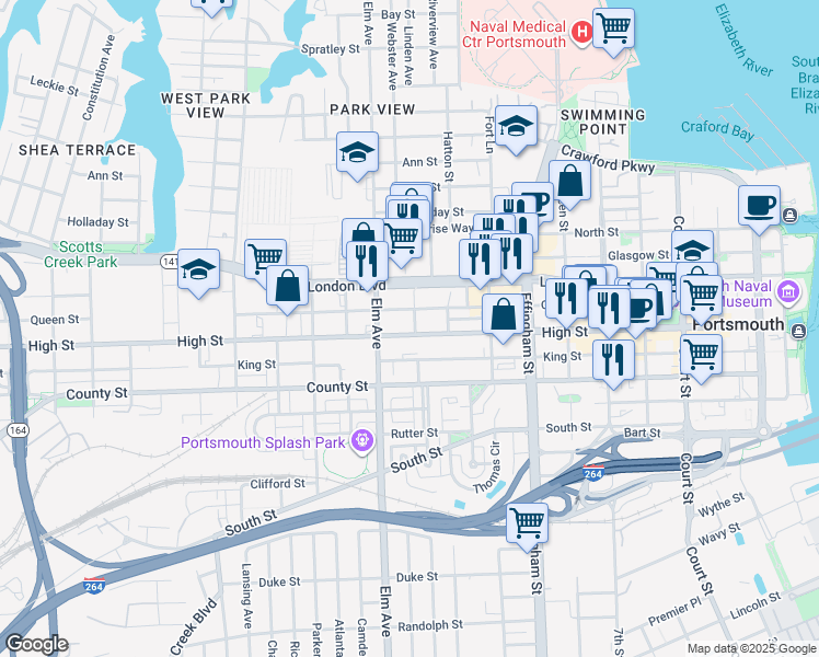 map of restaurants, bars, coffee shops, grocery stores, and more near 1034 High Street in Portsmouth