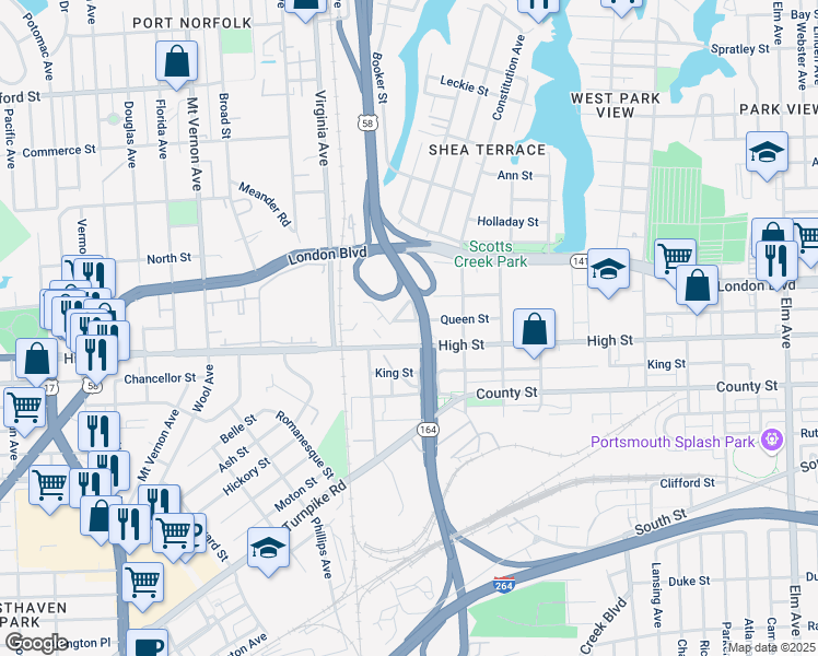 map of restaurants, bars, coffee shops, grocery stores, and more near 2213 Queen Street in Portsmouth
