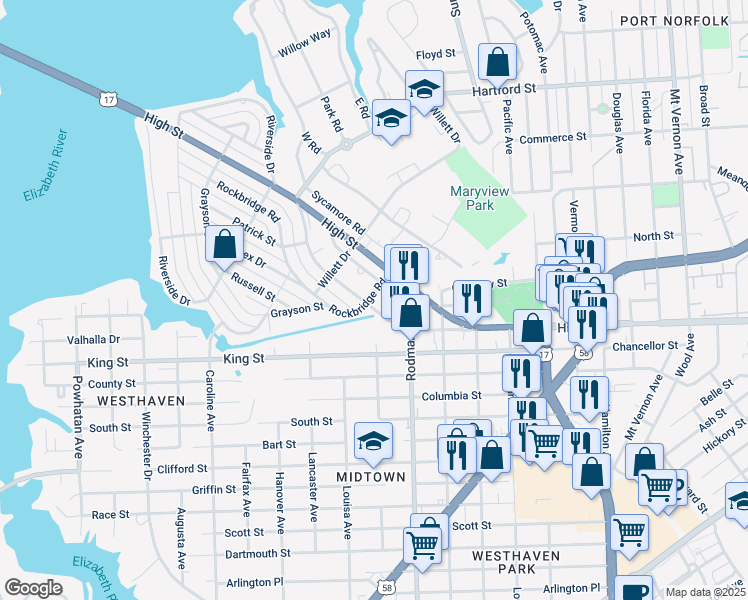 map of restaurants, bars, coffee shops, grocery stores, and more near 3617 Princeton Place in Portsmouth