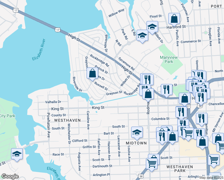 map of restaurants, bars, coffee shops, grocery stores, and more near 314 Russell Street in Portsmouth