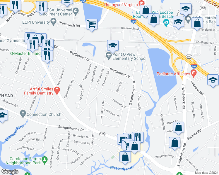 map of restaurants, bars, coffee shops, grocery stores, and more near 5354 Palmyra Court in Virginia Beach