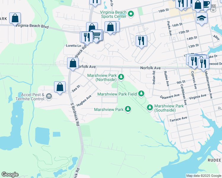 map of restaurants, bars, coffee shops, grocery stores, and more near 1316 Blue Pete Road in Virginia Beach