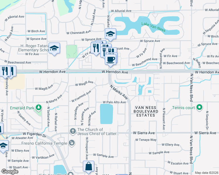 map of restaurants, bars, coffee shops, grocery stores, and more near 6685 North Benedict Avenue in Fresno
