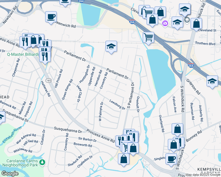 map of restaurants, bars, coffee shops, grocery stores, and more near 5361 Leicester Court in Virginia Beach