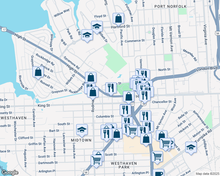 map of restaurants, bars, coffee shops, grocery stores, and more near 3500 Queen Street in Portsmouth