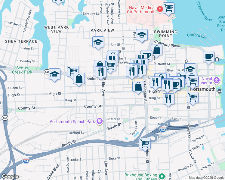map of restaurants, bars, coffee shops, grocery stores, and more near 1100 High Street in Portsmouth
