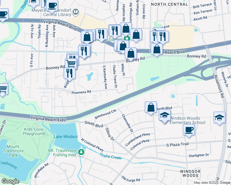 map of restaurants, bars, coffee shops, grocery stores, and more near 222 Thalia Trace Drive in Virginia Beach