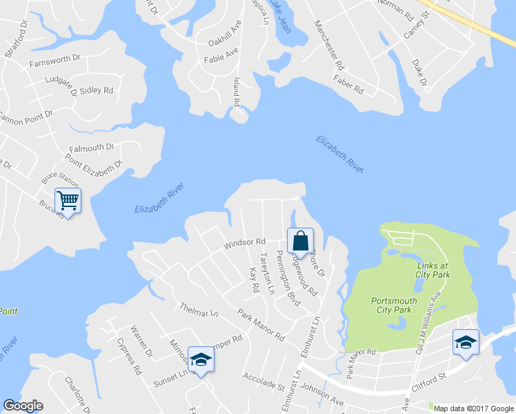map of restaurants, bars, coffee shops, grocery stores, and more near 417 Tareyton Lane in Portsmouth