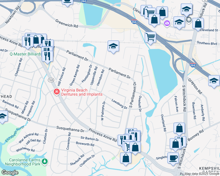 map of restaurants, bars, coffee shops, grocery stores, and more near 5354 Palmyra Court in Virginia Beach