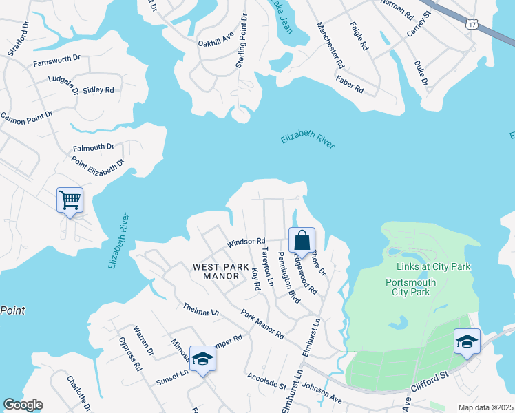 map of restaurants, bars, coffee shops, grocery stores, and more near 417 Tareyton Lane in Portsmouth