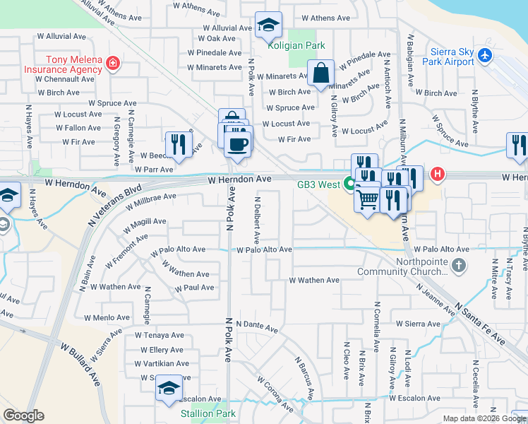 map of restaurants, bars, coffee shops, grocery stores, and more near 6686 North Delbert Avenue in Fresno