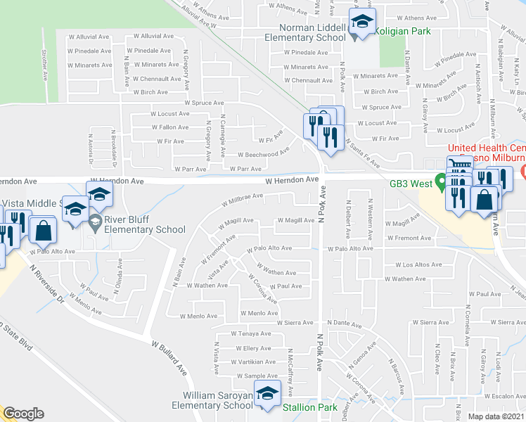 map of restaurants, bars, coffee shops, grocery stores, and more near 3232 West Princeton Avenue in Fresno