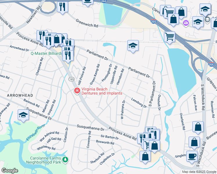map of restaurants, bars, coffee shops, grocery stores, and more near 197 Upperville Road in Virginia Beach