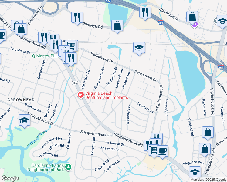 map of restaurants, bars, coffee shops, grocery stores, and more near 197 Upperville Road in Virginia Beach