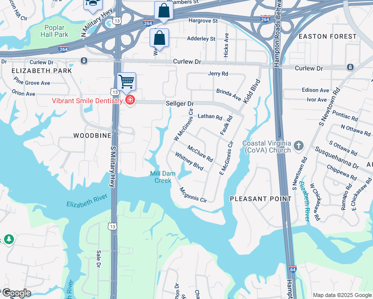 map of restaurants, bars, coffee shops, grocery stores, and more near 5911 McClure Road in Norfolk