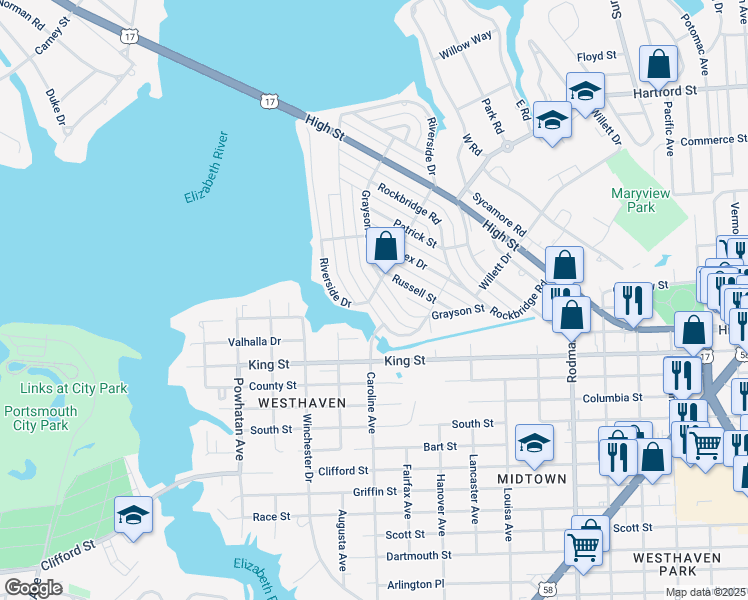 map of restaurants, bars, coffee shops, grocery stores, and more near 601 Shenandoah Street in Portsmouth