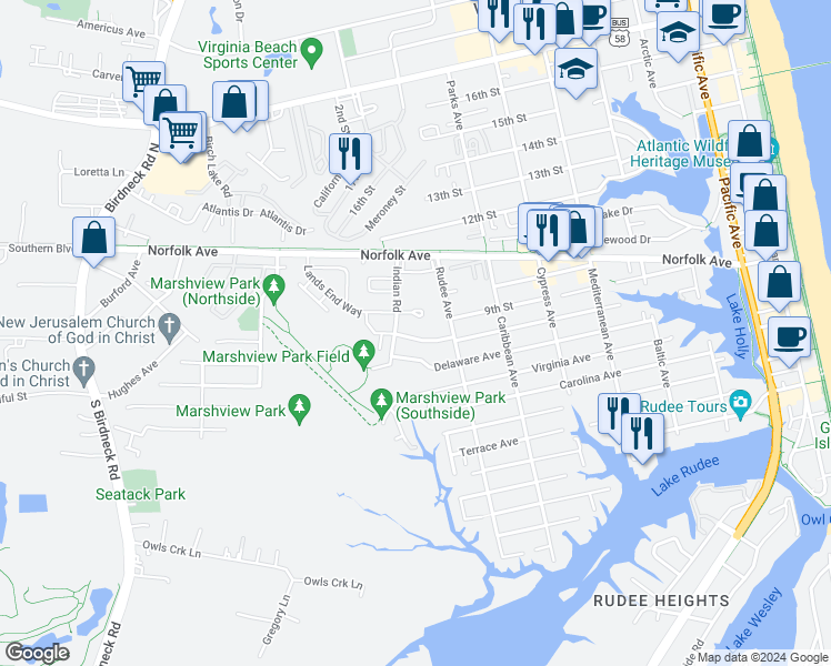 map of restaurants, bars, coffee shops, grocery stores, and more near 935 Maryland Avenue in Virginia Beach