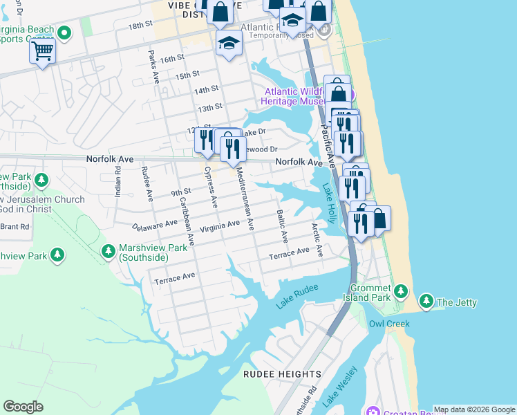 map of restaurants, bars, coffee shops, grocery stores, and more near 522 Delaware Avenue in Virginia Beach