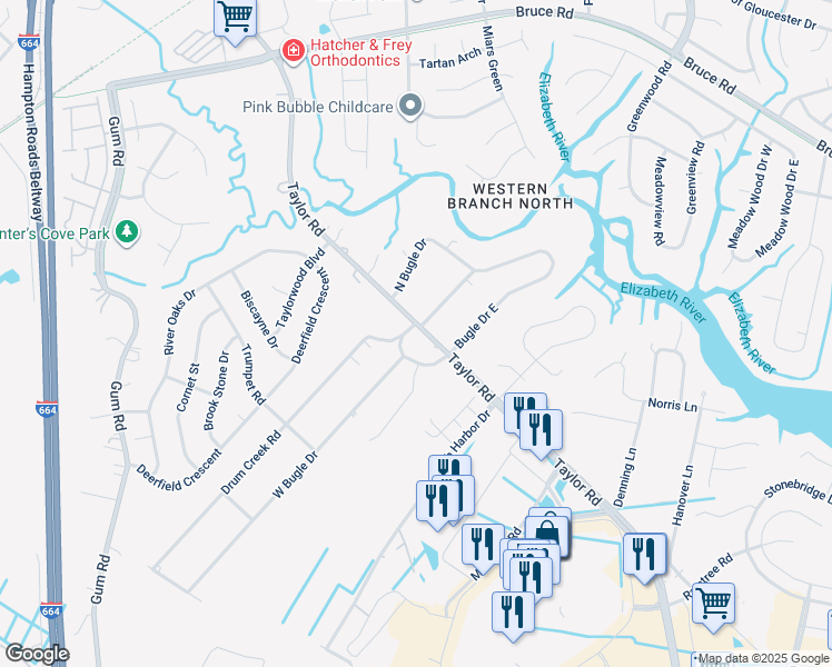 map of restaurants, bars, coffee shops, grocery stores, and more near 2916 Taylor Road in Chesapeake