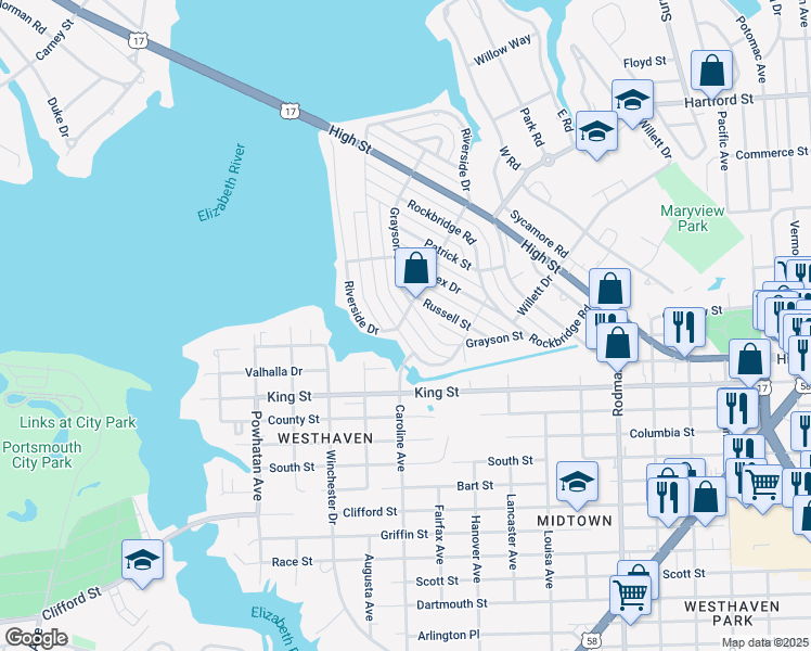 map of restaurants, bars, coffee shops, grocery stores, and more near 601 Shenandoah Street in Portsmouth