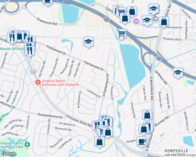 map of restaurants, bars, coffee shops, grocery stores, and more near 5324 Leicester Court in Virginia Beach