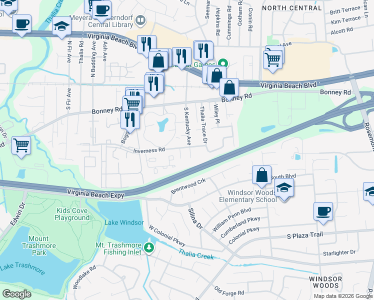 map of restaurants, bars, coffee shops, grocery stores, and more near 164 South Kentucky Avenue in Virginia Beach