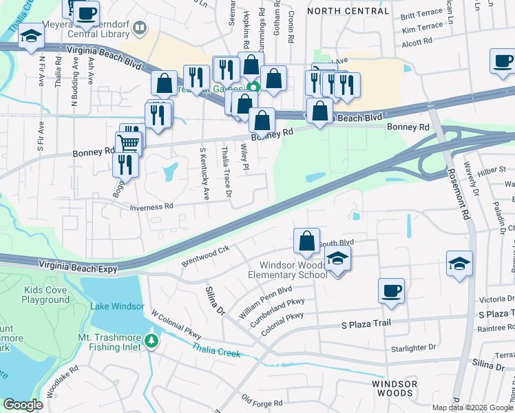 map of restaurants, bars, coffee shops, grocery stores, and more near 255 Thalia Trace Drive in Virginia Beach