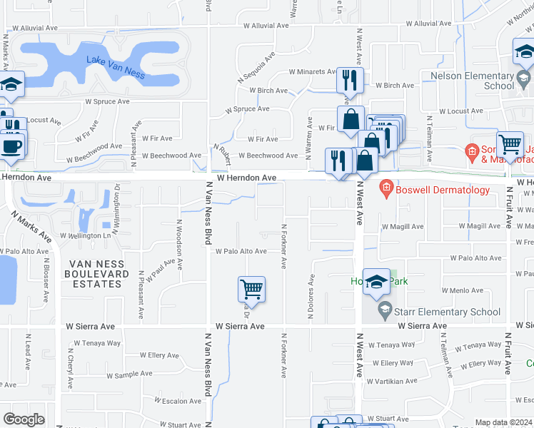 map of restaurants, bars, coffee shops, grocery stores, and more near 2243 West Magill Avenue in Fresno