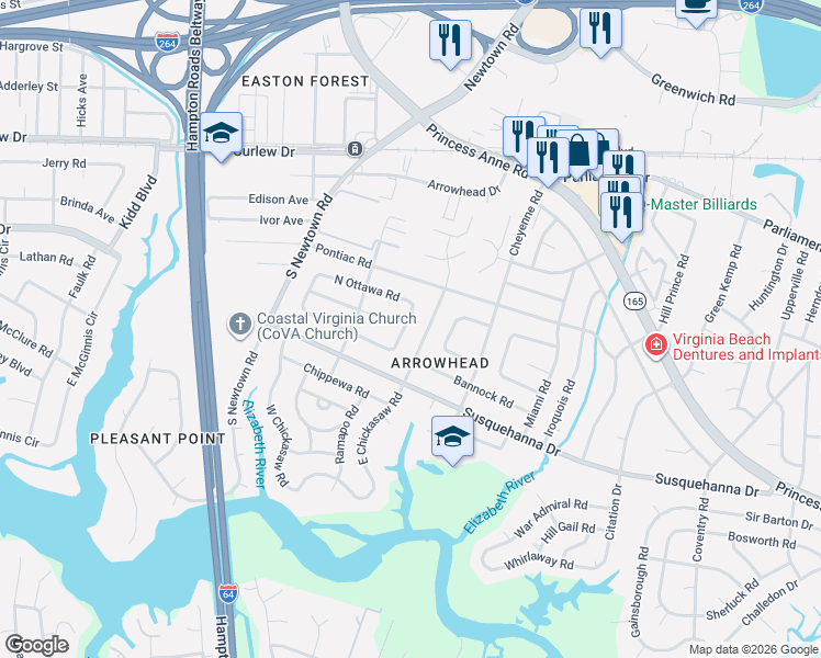 map of restaurants, bars, coffee shops, grocery stores, and more near 224 East Ottawa Road in Virginia Beach