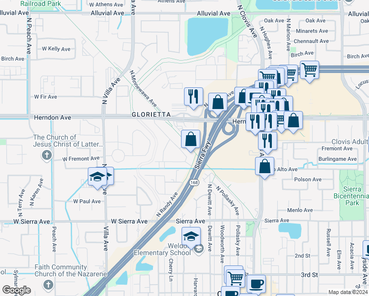 map of restaurants, bars, coffee shops, grocery stores, and more near Fresno-Clovis Rail-Trail in Clovis