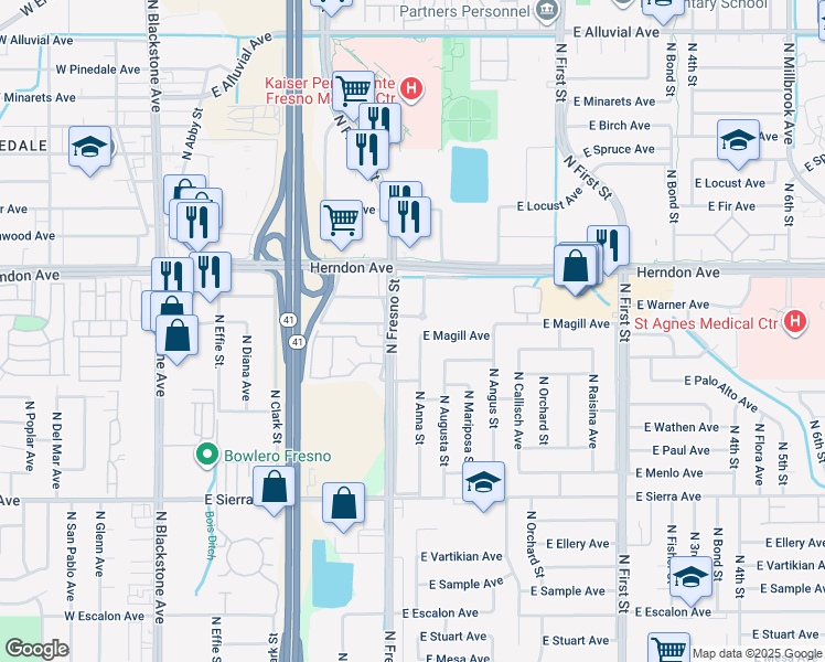 map of restaurants, bars, coffee shops, grocery stores, and more near 6694 North Fresno Street in Fresno