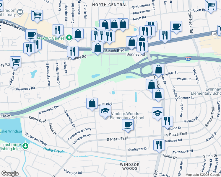 map of restaurants, bars, coffee shops, grocery stores, and more near 3751 Sentara Way in Virginia Beach