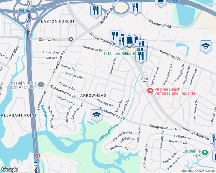 map of restaurants, bars, coffee shops, grocery stores, and more near 5701 Cheyenne Circle in Virginia Beach