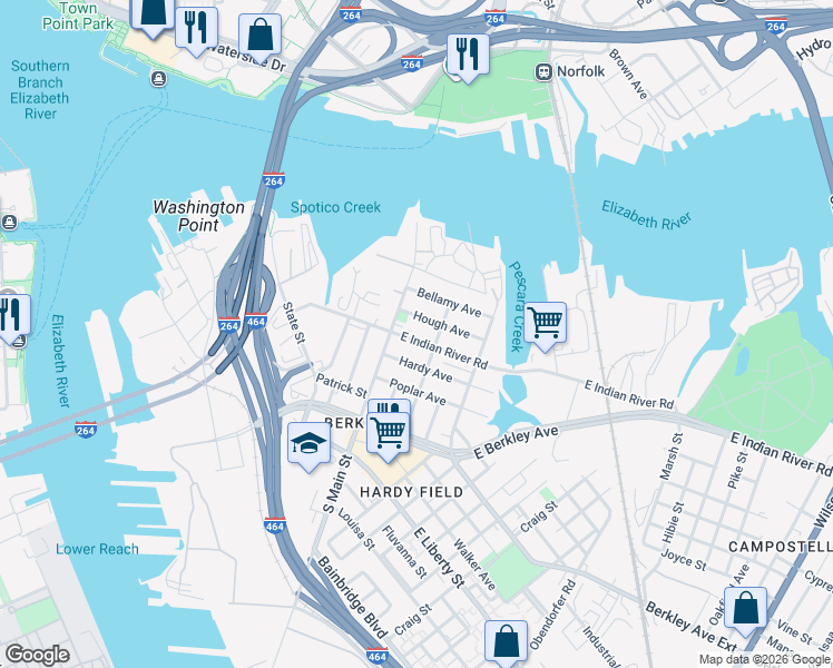 map of restaurants, bars, coffee shops, grocery stores, and more near 120 East Indian River Road in Norfolk