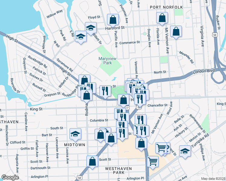 map of restaurants, bars, coffee shops, grocery stores, and more near 2820 London Boulevard in Portsmouth