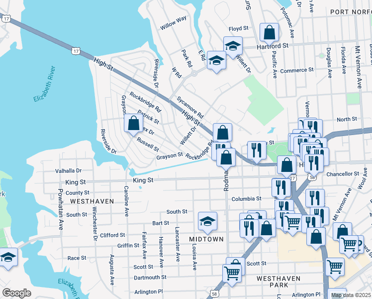 map of restaurants, bars, coffee shops, grocery stores, and more near 218 Rockbridge Road in Portsmouth